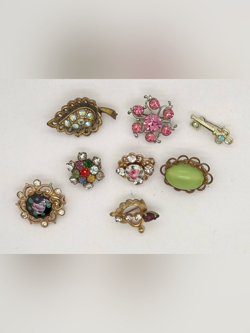 Vintage Estate Lot Enamel Guilloché Crystal Rhinestone Floral Small Brooch Pin
